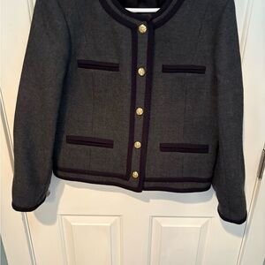 J. Crew Wool Women’s Lady Jacket Elegant Gray Navy Gold Buttons Size 14